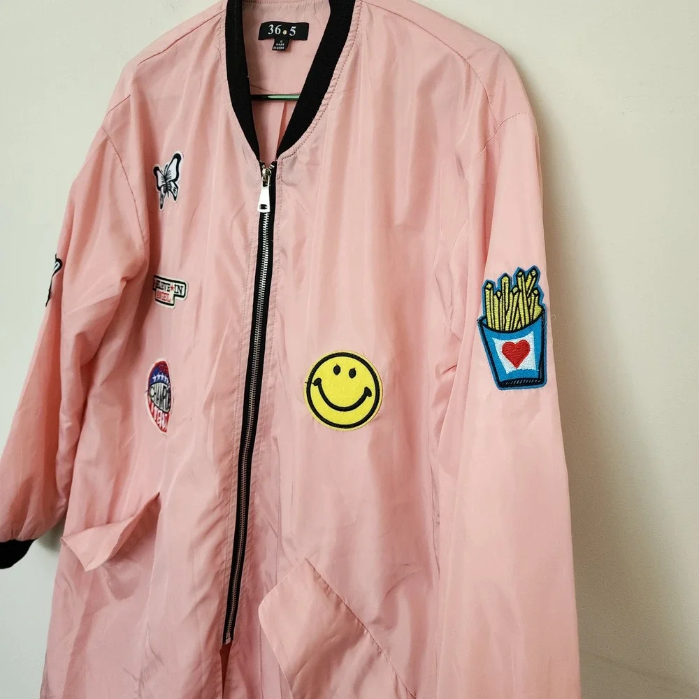 Y2K 36.5 Pink Longline Bomber Jacket with Patches Womens S Windbreaker Retro